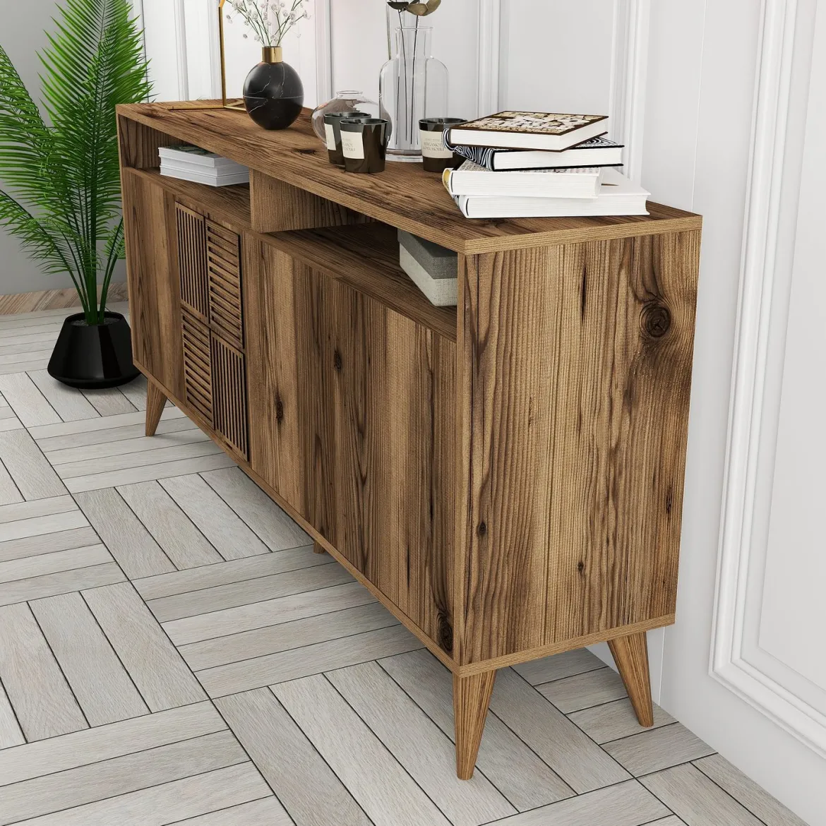 Credenza Marrone Noce 2 Ripiani 4 Ante 180x35x78h cm, 4 Vani - Pollein