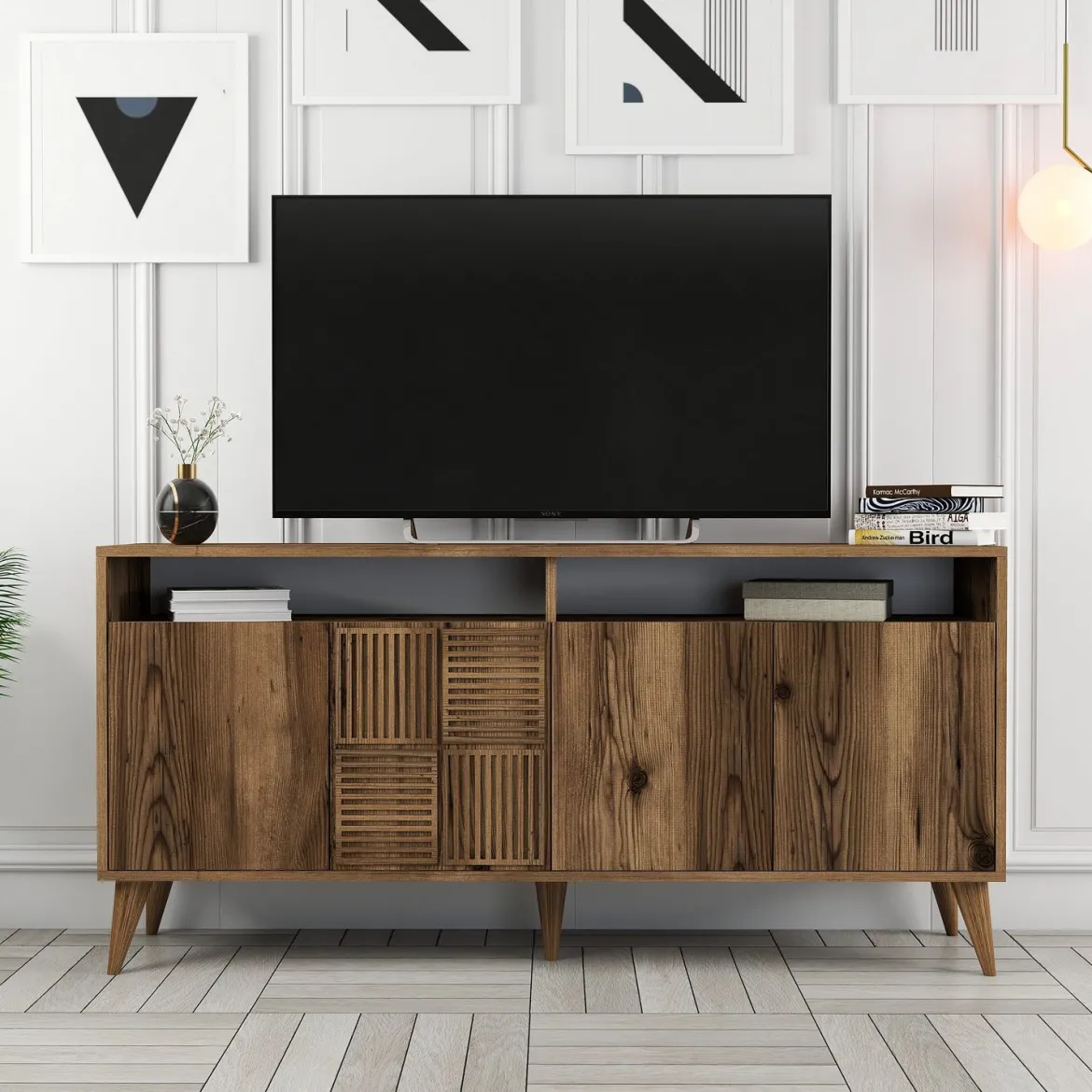 Credenza Marrone Noce 2 Ripiani 4 Ante 180x35x78h cm, 4 Vani - Pollein