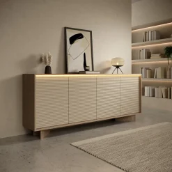 Credenza Marrone Rovere Beige Marmo 3 Ripiani 4 Ante 180x40x81h cm, 6 Vani - Coste