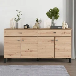 Credenza Marrone Rovere Nodi Nero 2 Cassetti 4 Ripiani 183x40x90h cm, Apertura Battente, Scorrevole - Grondona