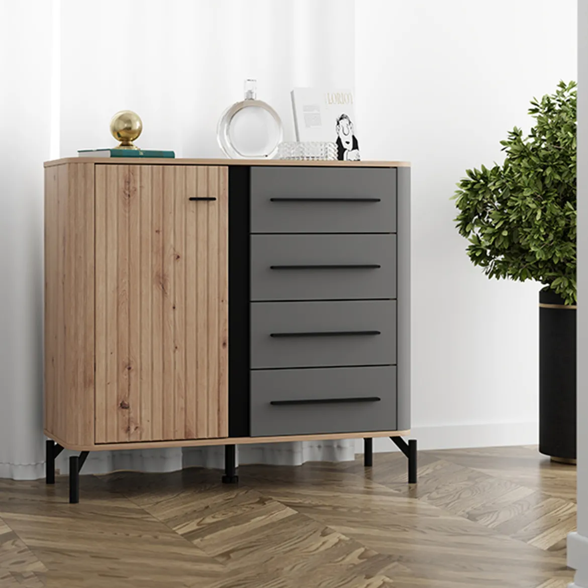 Credenza Marrone Rovere Nodi Nero Antracite 3 Ripiani Apertura Battente 165x40x82h cm, 3 Ante - Hare