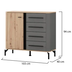 Credenza Marrone Rovere Nodi Nero Antracite 3 Ripiani Apertura Battente 165x40x82h cm, 3 Ante - Hare