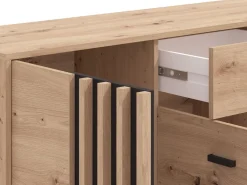 Credenza Marrone Rovere Nodi Nero un Cassetto 3 Ripiani 157x40x90h cm, Apertura Battente e Scorrevole - Guanzate