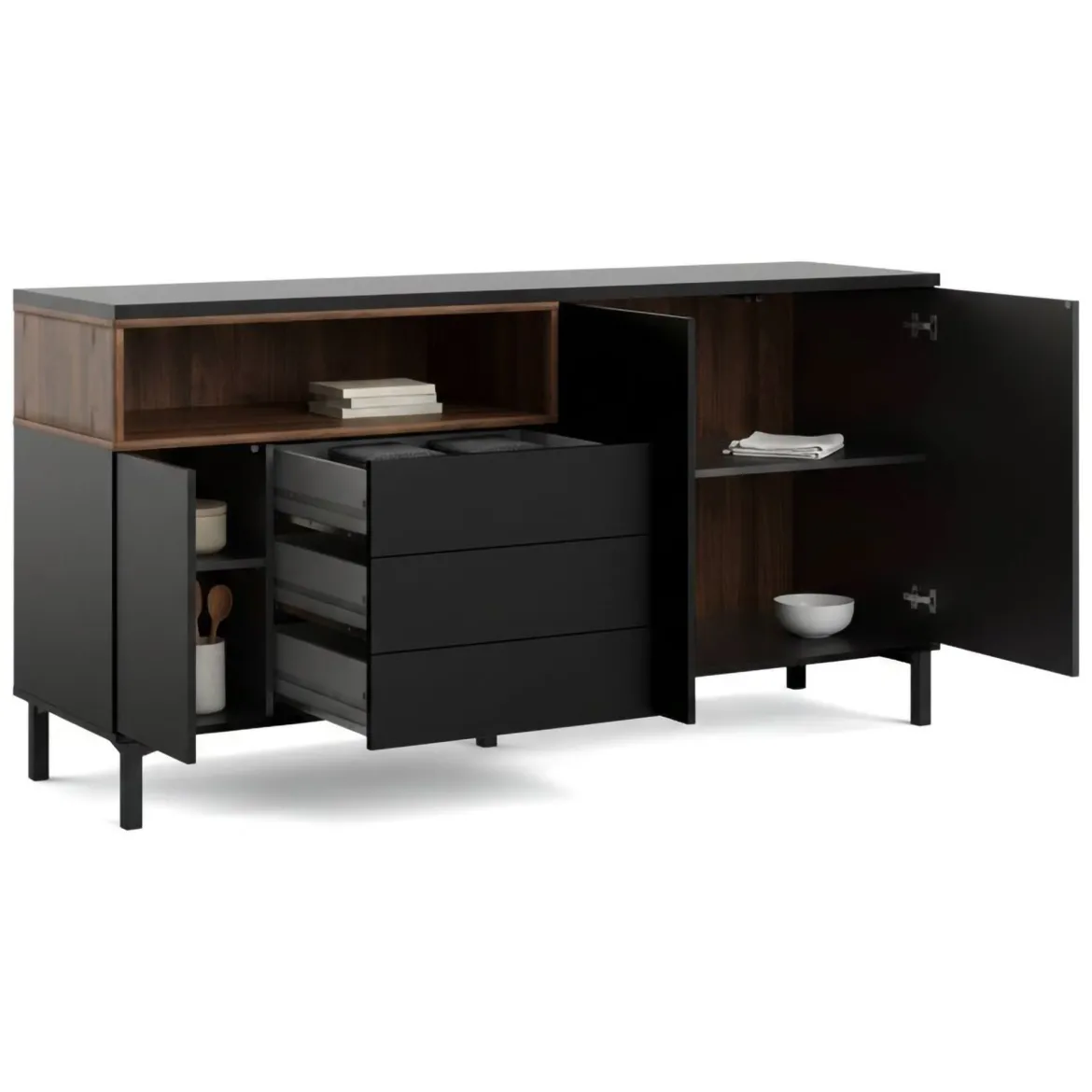 Credenza nera,noce 175x48x89h cm 3 ante e 3 cassetti - Julie