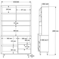 Credenza Nero Antracite Marrone Rovere 4 Ripiani 2 Cassetti 120x36x205h cm, 6 Ante - Pianella