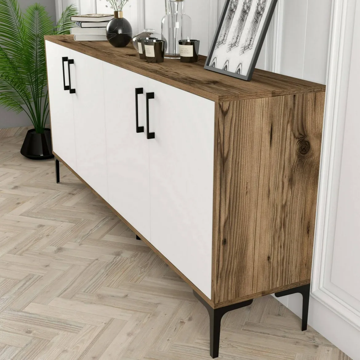 Credenza noce e bianca 180x35x78h cm 4 ante - Agape