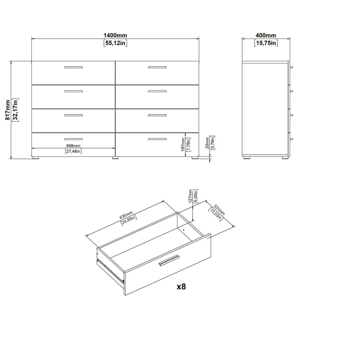 Credenza noce 140x40x81h cm 8 cassetti - Phethai