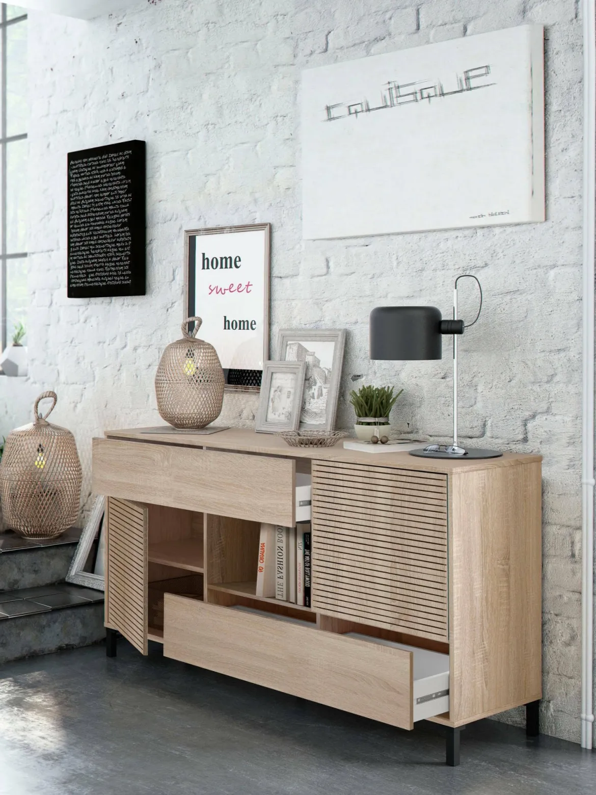 Credenza rovere cannettato 151x41x80h cm 2 ante e 2 cassetti - Abib