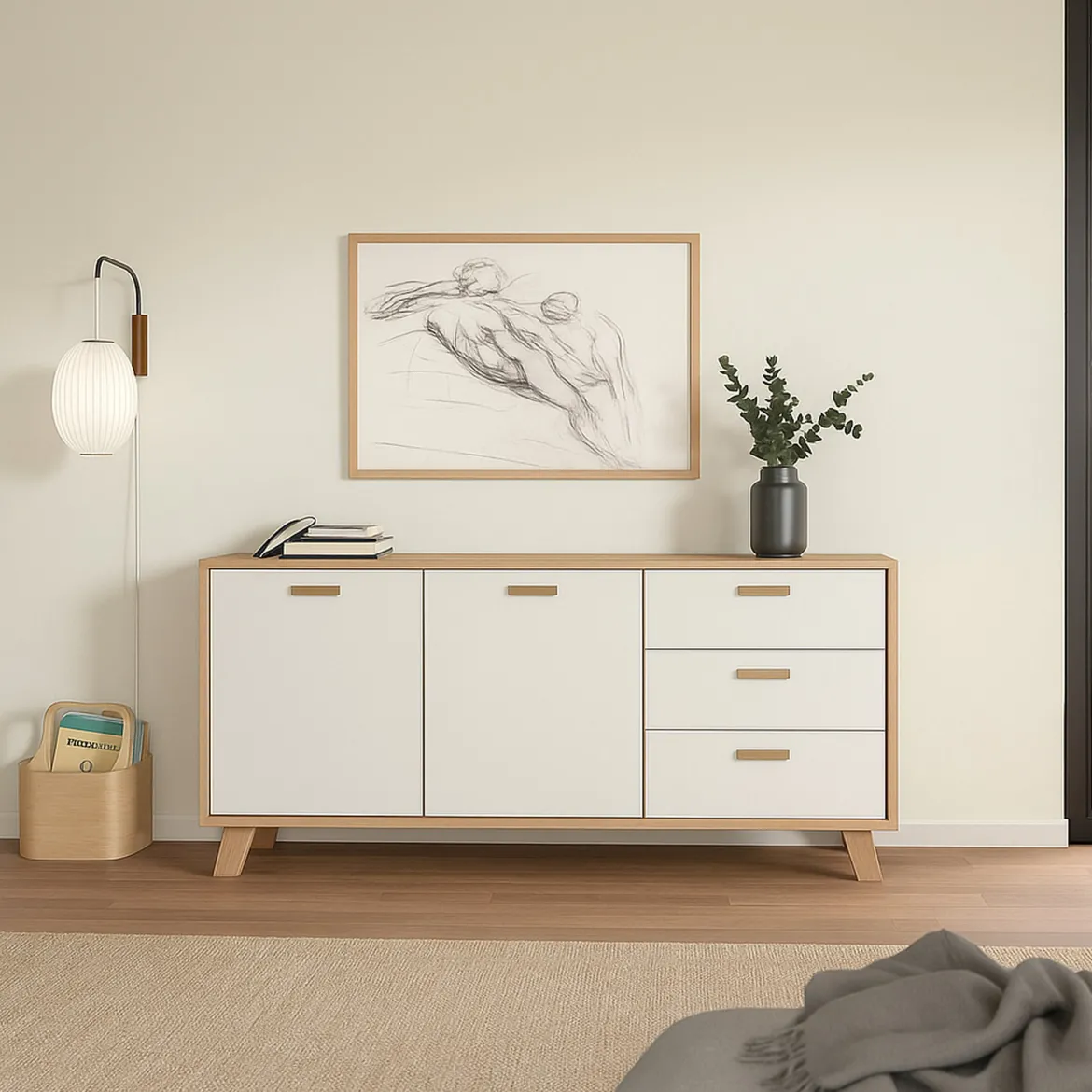 Credenza rovere e bianca 147x39x73h cm 2 ante e 3 cassetti - Pepito