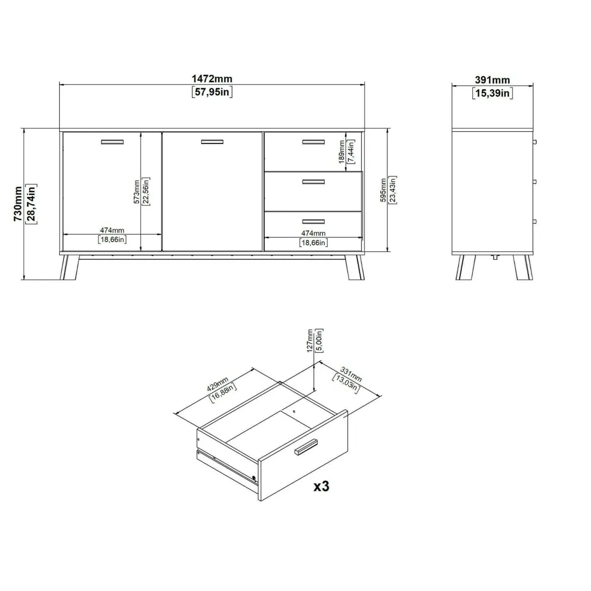 Credenza rovere e bianca 147x39x73h cm 2 ante e 3 cassetti - Pepito