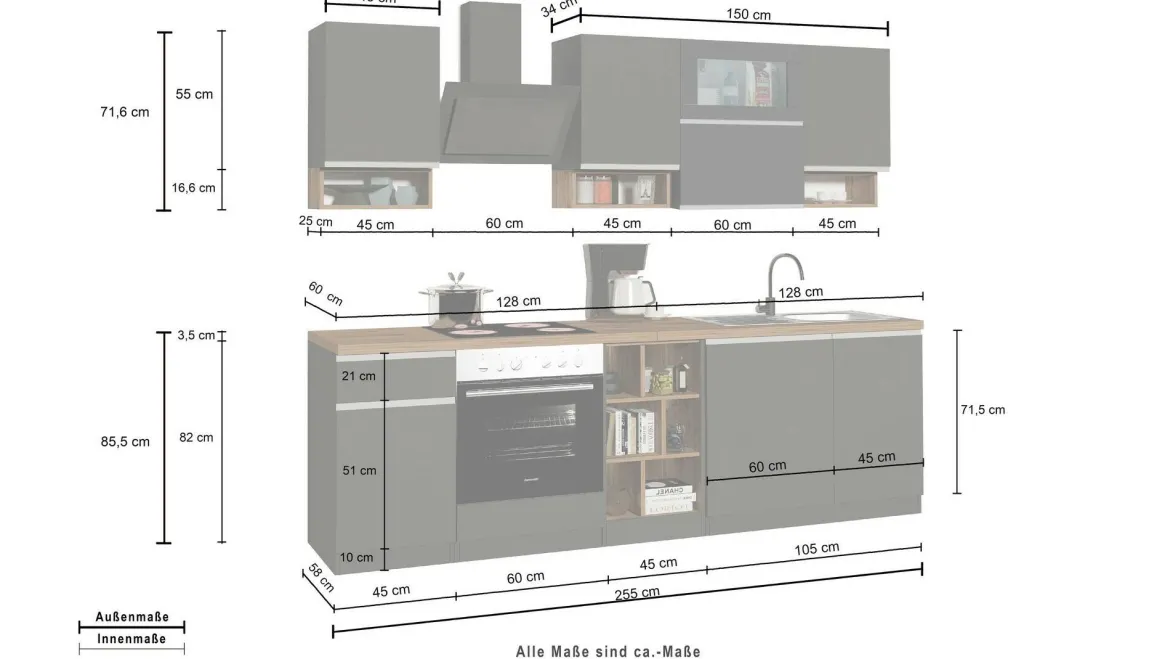 Cucina Grigio Ardesia Grigio Ardesia un Cassetto 19 Ripiani, Modulabile Made in Italy - Attiko