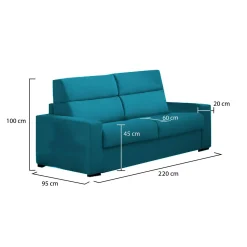 Divano Fisso 3 Posti Azzurro Sfoderabile Lavabile 220x95 cm, Braccioli Made in Italy - Ozegna