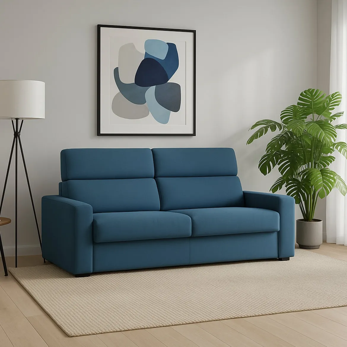 Divano Fisso 3 Posti blu Sfoderabile Lavabile 225x95 cm, Braccioli Made in Italy - Cantu
