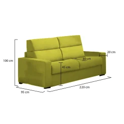 Divano Fisso 3 Posti Verde Sfoderabile Lavabile 220x95 cm, Braccioli Made in Italy - Ozegna