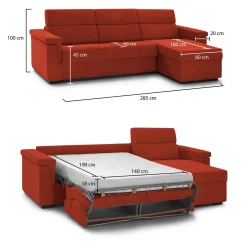 Divano Letto con Penisola Arancione Sfoderabile Contenitore 285x160 cm, Idrorepellente Trasformabile in Letto Made in Italy - Priverno