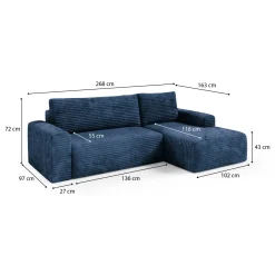 Divano Letto con Penisola blu Contenitore Reversibile 245x185 cm, Reclinabile - Ranco