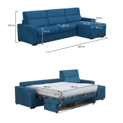 Divano Letto con Penisola blu Sfoderabile Contenitore 285x160 cm, Idrorepellente Multiposizione Made in Italy - Ganzaria