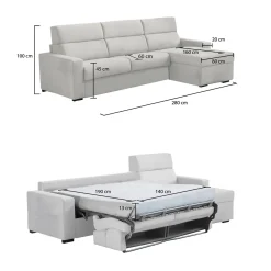Divano Letto con Penisola Grigio Chiaro Sfoderabile Contenitore 280x160 cm, Idrorepellente Multiposizione Trasformabile in Letto Made in Italy