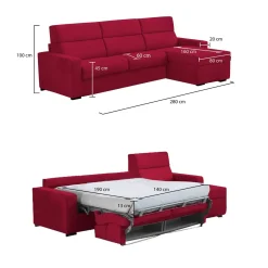 Divano Letto con Penisola Rosso Sfoderabile Contenitore 285x160 cm, Idrorepellente Multiposizione Made in Italy - Ganzaria