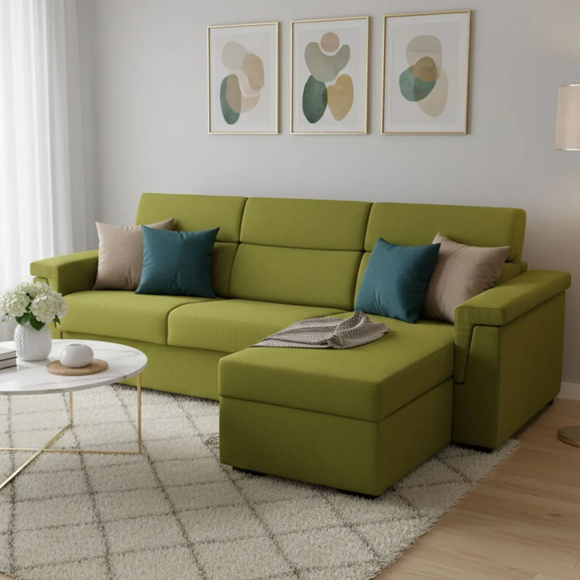 Divano Letto con Penisola Verde Sfoderabile Contenitore 285x160 cm, Idrorepellente Multiposizione Trasformabile in Letto Made in Italy - Priverno