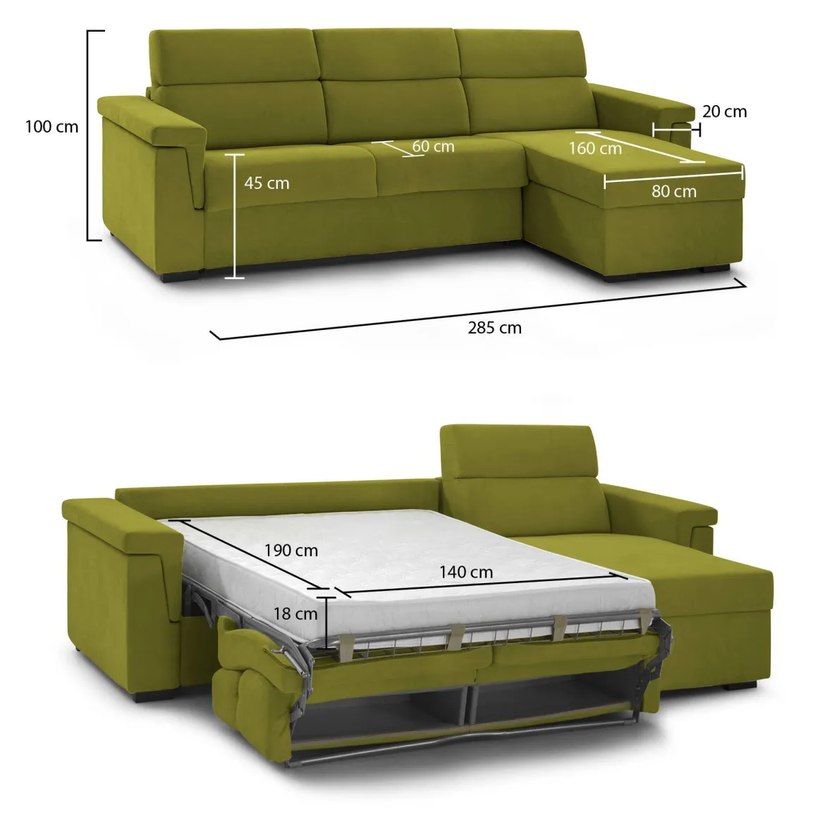 Divano Letto con Penisola Verde Sfoderabile Contenitore 285x160 cm, Idrorepellente Multiposizione Trasformabile in Letto Made in Italy - Priverno