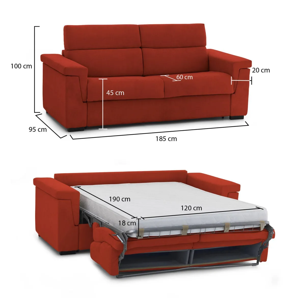 Divano Letto 2 Posti Arancione Sfoderabile Contenitore 185x95 cm, di Apertura a Ribalta Made in Italy - Salorno