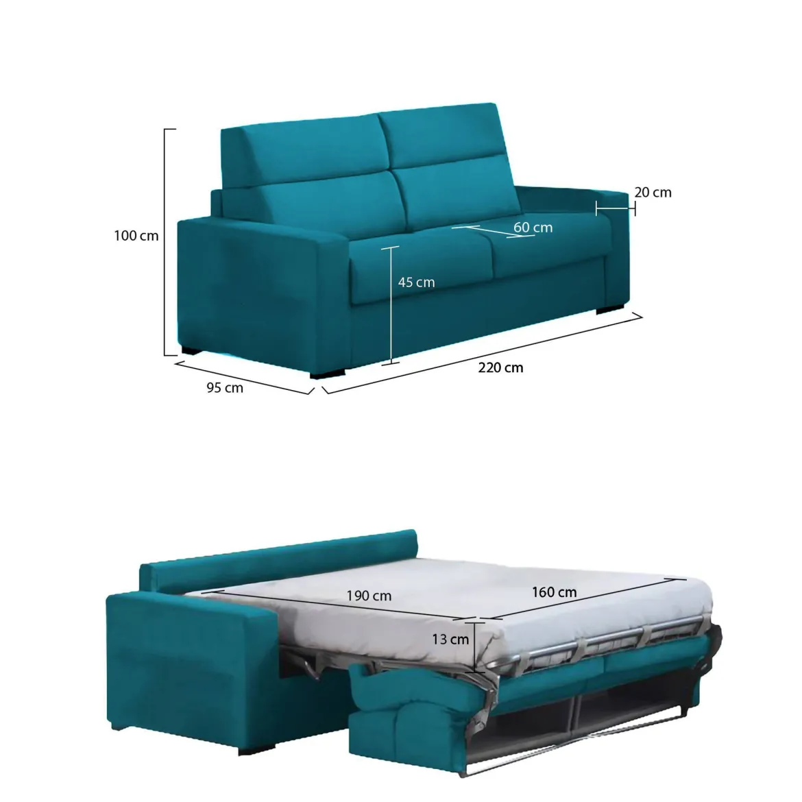 Divano Letto 3 Posti Azzurro Sfoderabile Contenitore 220x95 cm, Lavabile Made in Italy - Marcon