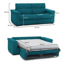 Divano Letto 3 Posti Azzurro Sfoderabile Contenitore 225x95 cm, Lavabile Made in Italy - Nus