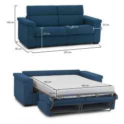 Divano Letto 3 Posti blu Sfoderabile Contenitore 225x95 cm, Lavabile Made in Italy - Pacecos