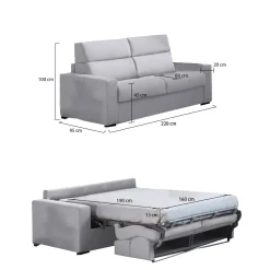Divano Letto 3 Posti Grigio Sfoderabile Contenitore 220x95 cm, Lavabile Made in Italy - Marcon