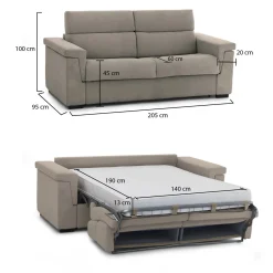 Divano Letto 2 Posti Grigio Tortora Sfoderabile Contenitore 205x95 cm, di Apertura a Ribalta Made in Italy - Biscossi