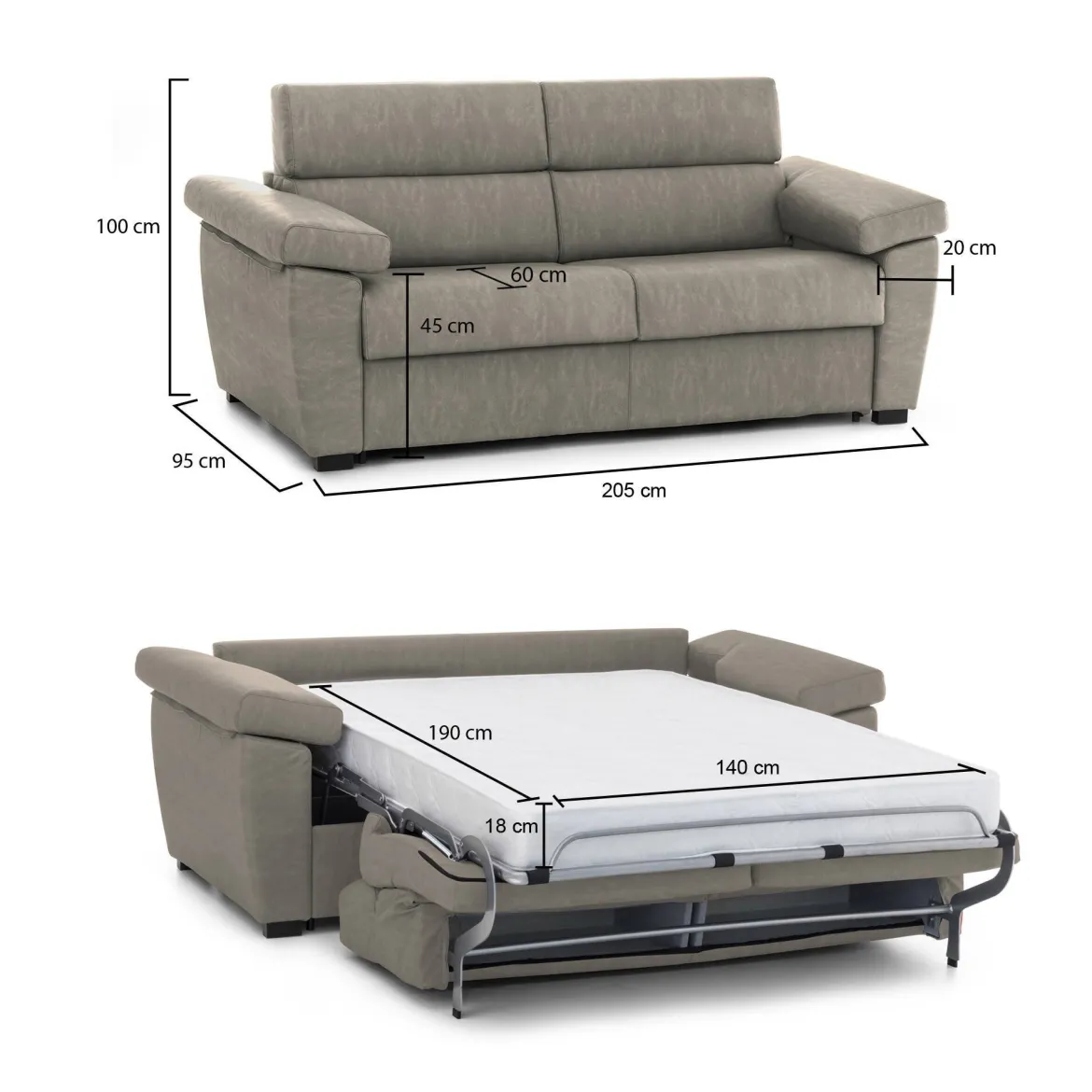 Divano Letto 2 Posti Grigio Tortora Sfoderabile Contenitore 205x95 cm, di Apertura a Ribalta Made in Italy - Contrada