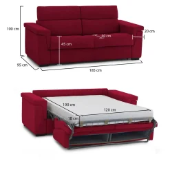 Divano Letto 2 Posti Rosso Sfoderabile Contenitore 185x95 cm, di Apertura a Ribalta Made in Italy - Salorno