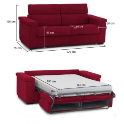 Divano Letto 3 Posti Rosso Sfoderabile Contenitore 225x95 cm, Lavabile Made in Italy - Nus