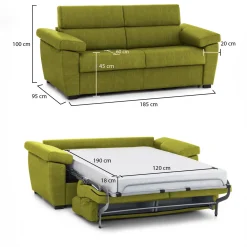 Divano Letto 2 Posti Verde Sfoderabile Contenitore 185x95 cm, di Apertura a Ribalta Made in Italy - Seui