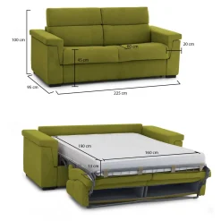 Divano Letto 3 Posti Verde Sfoderabile Contenitore 225x95 cm, Lavabile Made in Italy - Pacecos