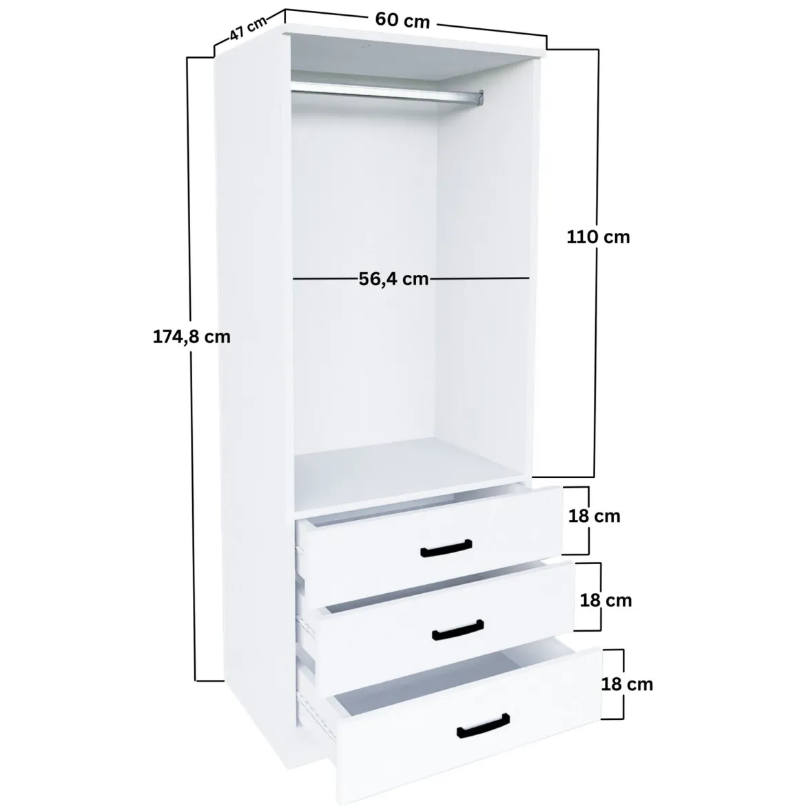 Guardaroba 2 Ante Bianco Appendiabiti 3 Cassetti 60x175h cm, Apertura Battente, Scorrevole - Sondrio