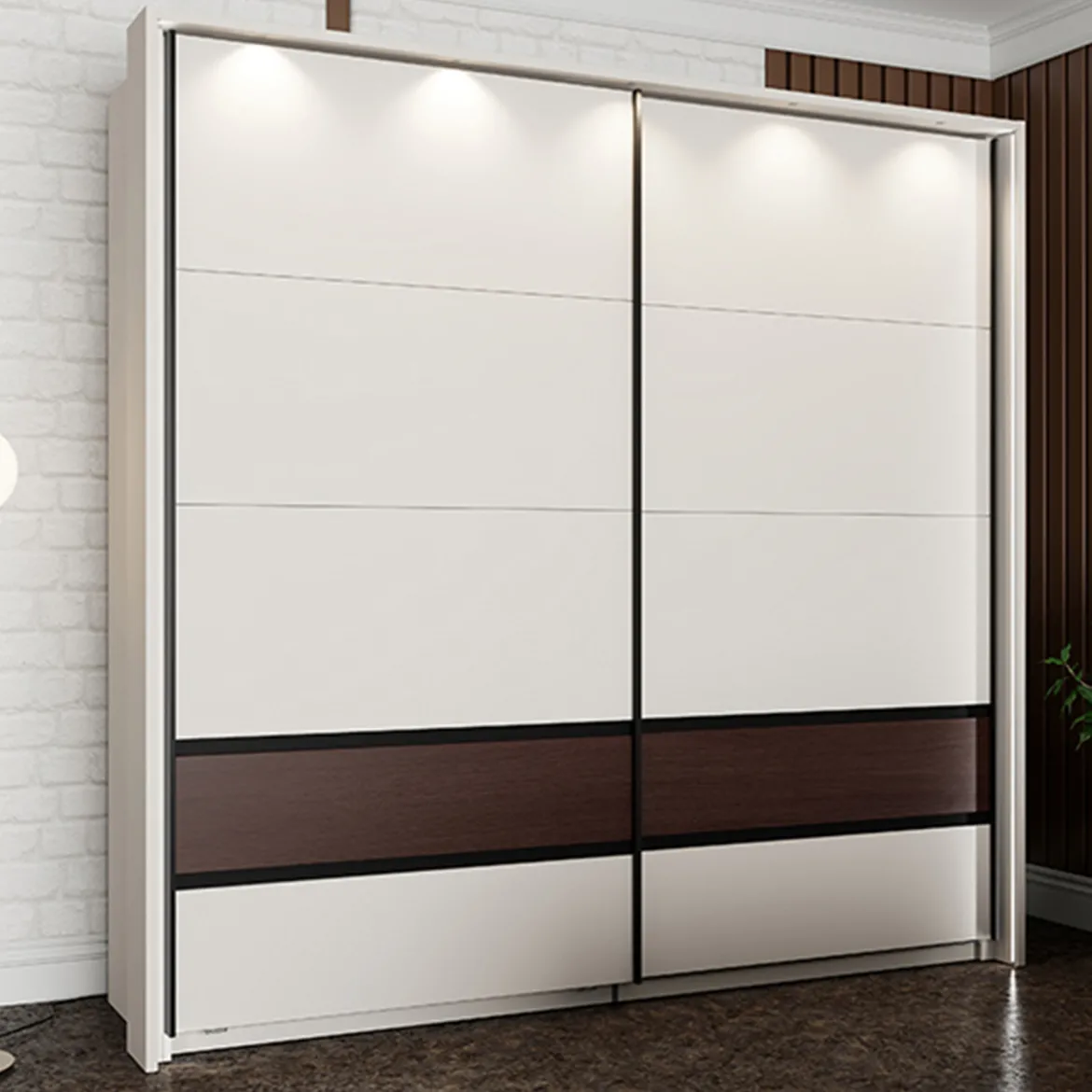 Guardaroba 2 Ante Bianco Crema Marrone Noce 2 Ripiani Appendiabiti 220x217h cm, Apertura Scorrevole - Vangvi