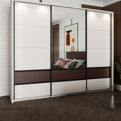 Guardaroba 3 Ante Bianco Crema Marrone Rovere 4 Ripiani Appendiabiti 117x54 cm, Apertura Battente - Bhakta