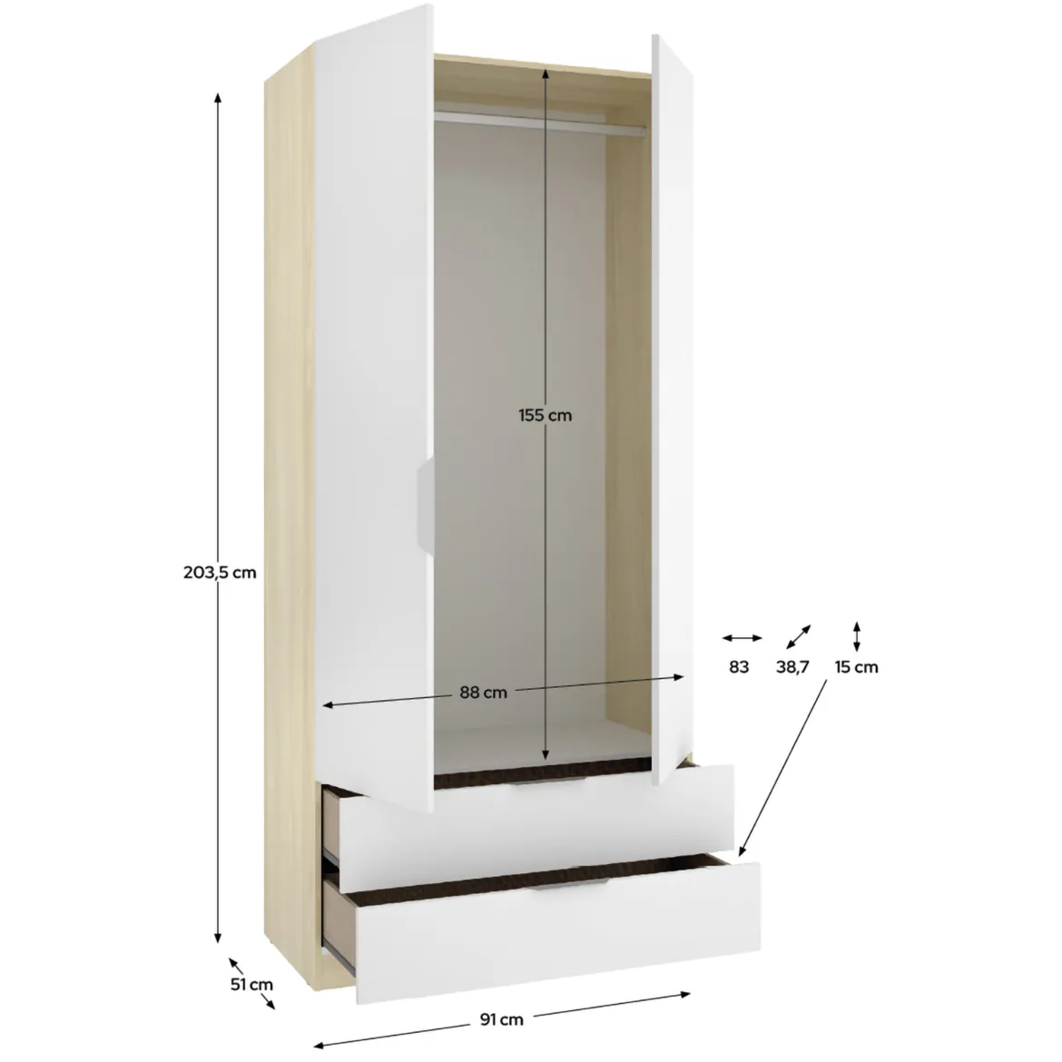 Guardaroba 2 Ante Bianco Marrone Rovere Appendiabiti Cassetti 51x204h cm, un Ripiano - Tulot