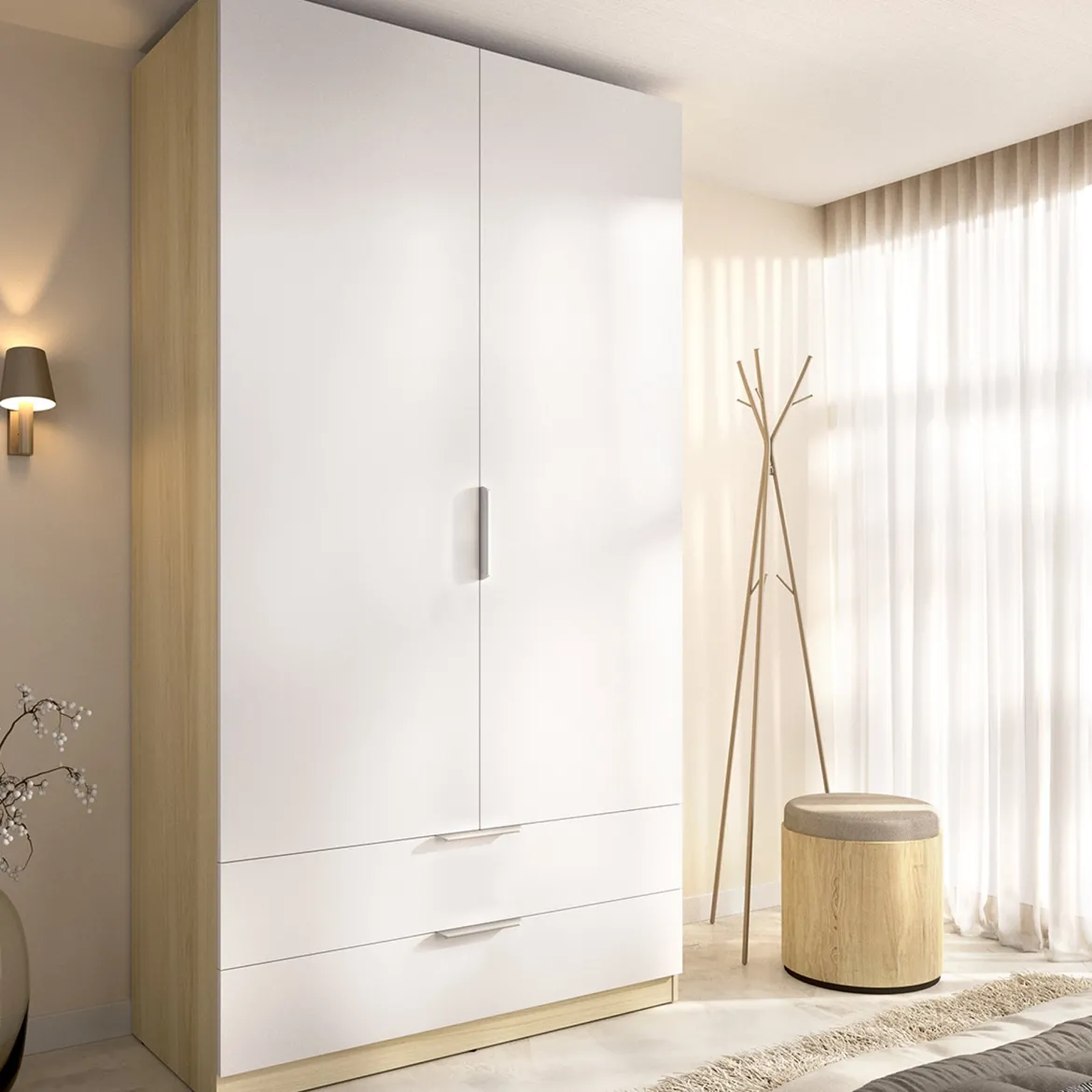 Guardaroba 2 Ante Bianco Marrone Rovere Appendiabiti Cassetti 51x204h cm, un Ripiano - Tulot