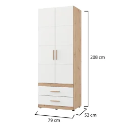Guardaroba 2 Ante Bianco Opaco Marrone Rovere Nodi Appendiabiti 3 Cassetti 79x208h cm, un Ripiano - Venas