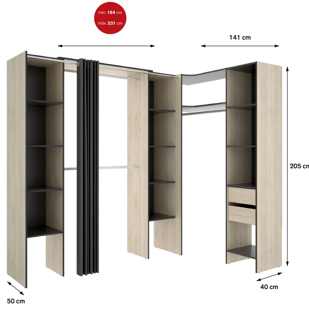 Guardaroba con ripiani regolabili antracite e rovere 234x205h cm - Dindo