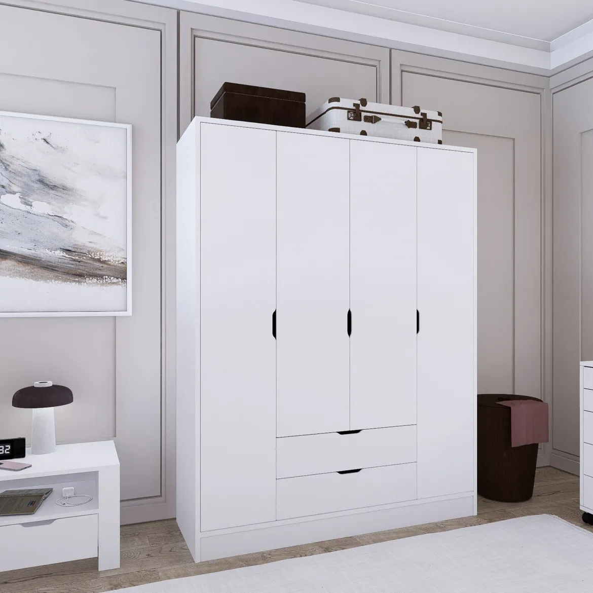 Guardaroba Grande Bianco Appendiabiti 9 Ripiani 140x182h cm, 2 Cassetti - Paterno