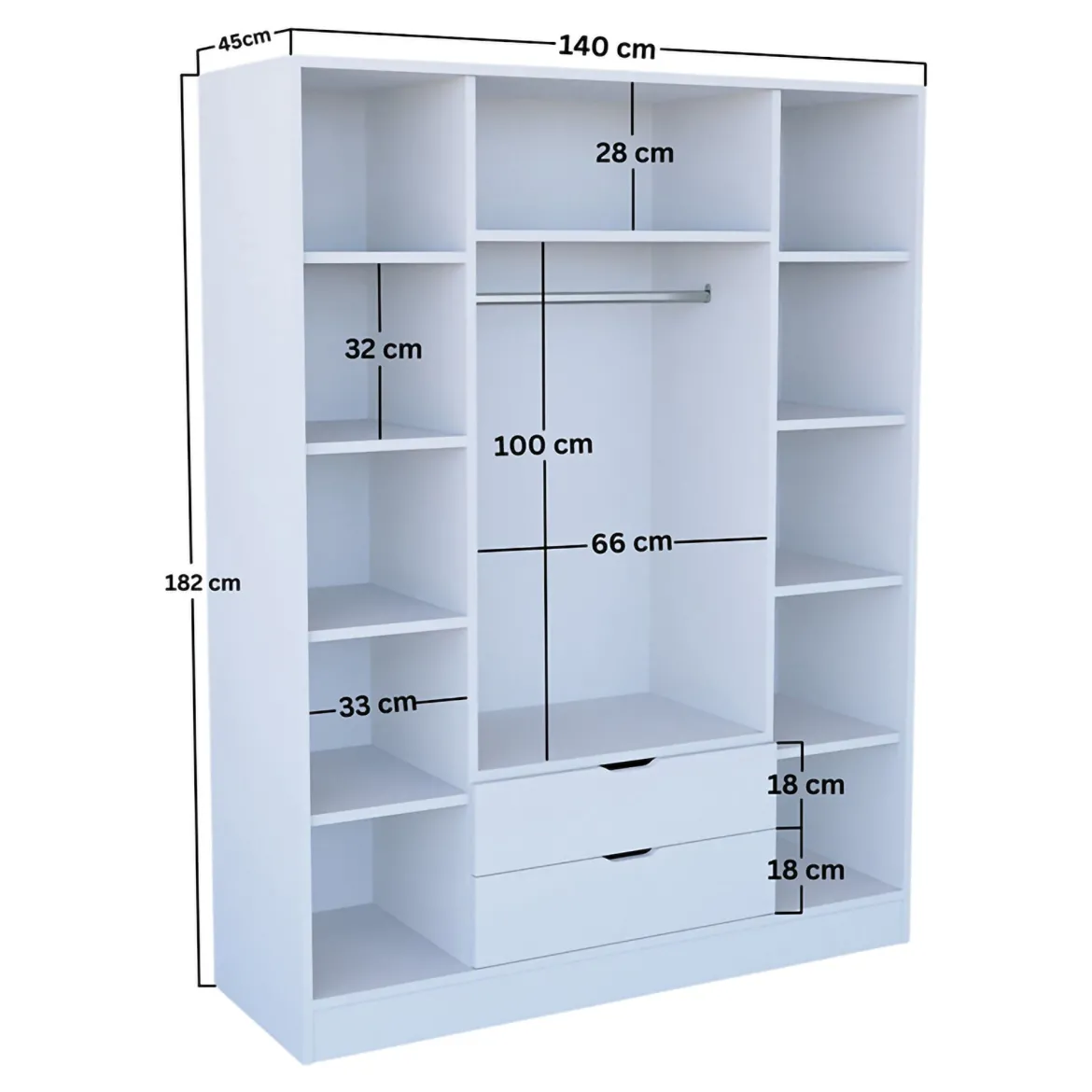Guardaroba Grande Bianco Appendiabiti 9 Ripiani 140x182h cm, 2 Cassetti - Paterno