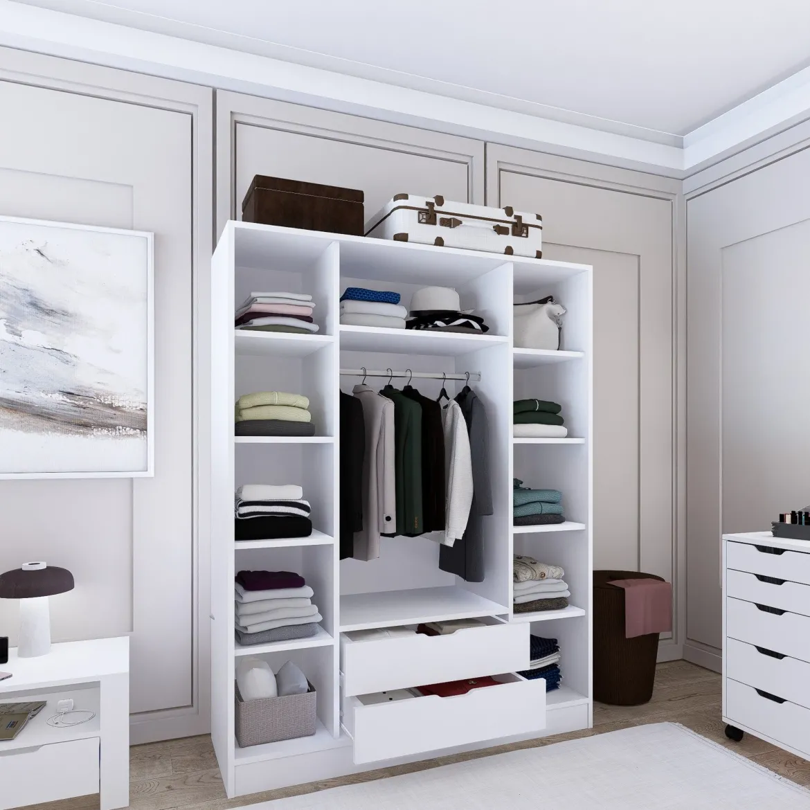 Guardaroba Grande Bianco Appendiabiti 9 Ripiani 140x182h cm, 2 Cassetti - Paterno