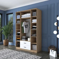 Guardaroba Grande Bianco Marrone Rovere 11 Ripiani 2 Cassetti 140x210h cm, Appendiabiti - Lavello