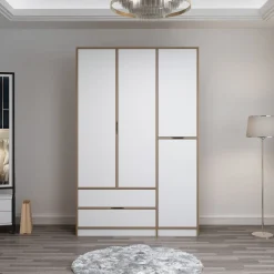 Guardaroba Grande Bianco Marrone Rovere 2 Cassetti Appendiabiti 170x183h cm, 9 Ripiani - Summonte