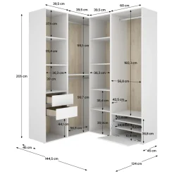 Guardaroba Grande Bianco Marrone Rovere Modulabile 11 Ripiani 145x205h cm, Appendiabiti - Rawlinson