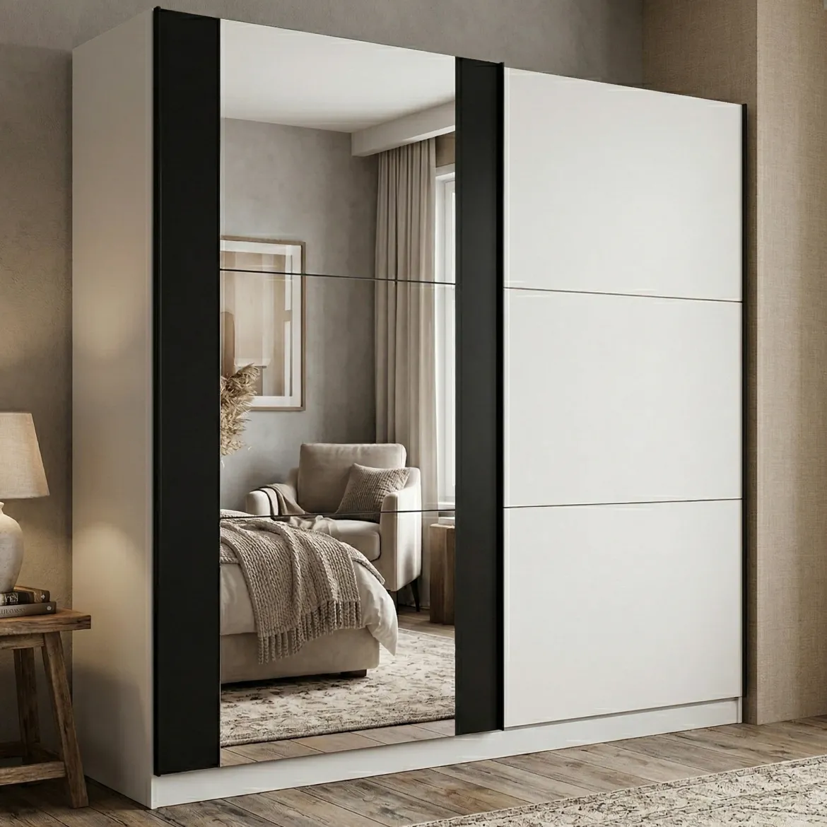 Guardaroba Grande Bianco Nero Appendiabiti 8 Ripiani 217x210h cm, 2 Ante - Prela